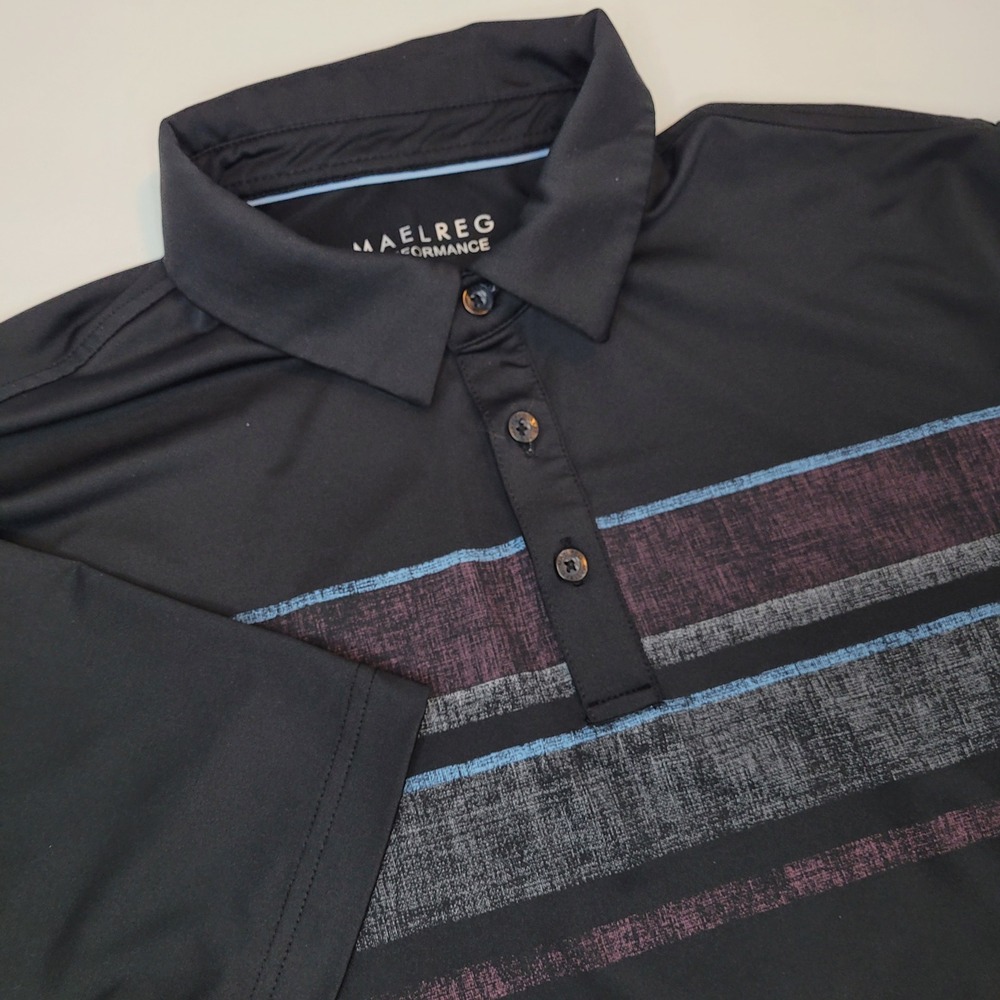 Maelreg Performance Polo Shirt Mens Medium Black Striped‎ Golf Good Condition